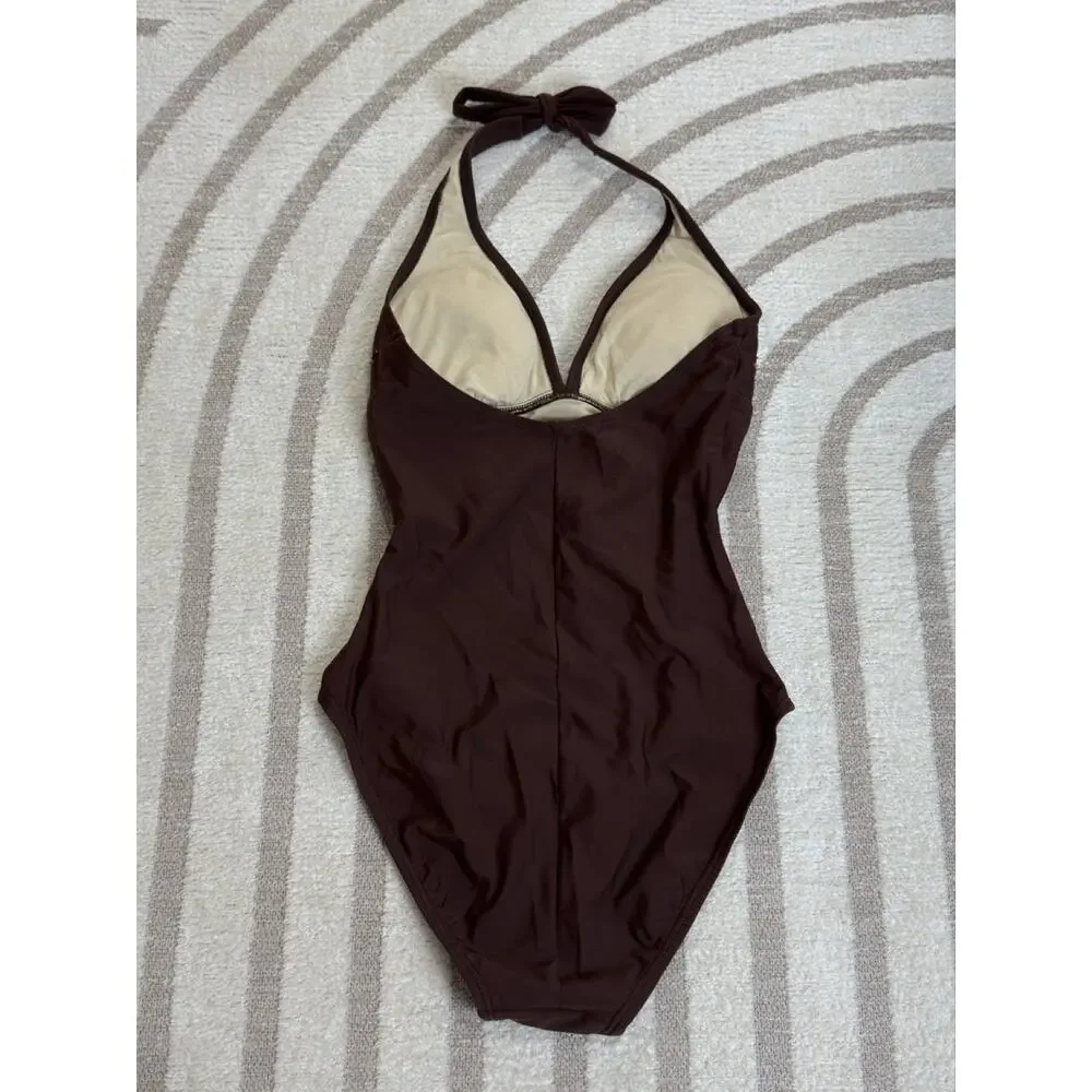 Liquid Blue Brown Halter One Piece Swimsuit Beaded Embroidered Swimwear Size M